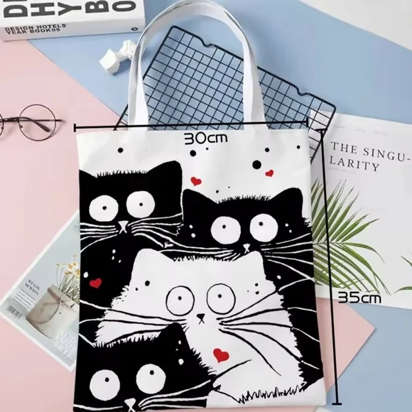 Cat Print Tote Bag - Black and White - Picture 4 of 4